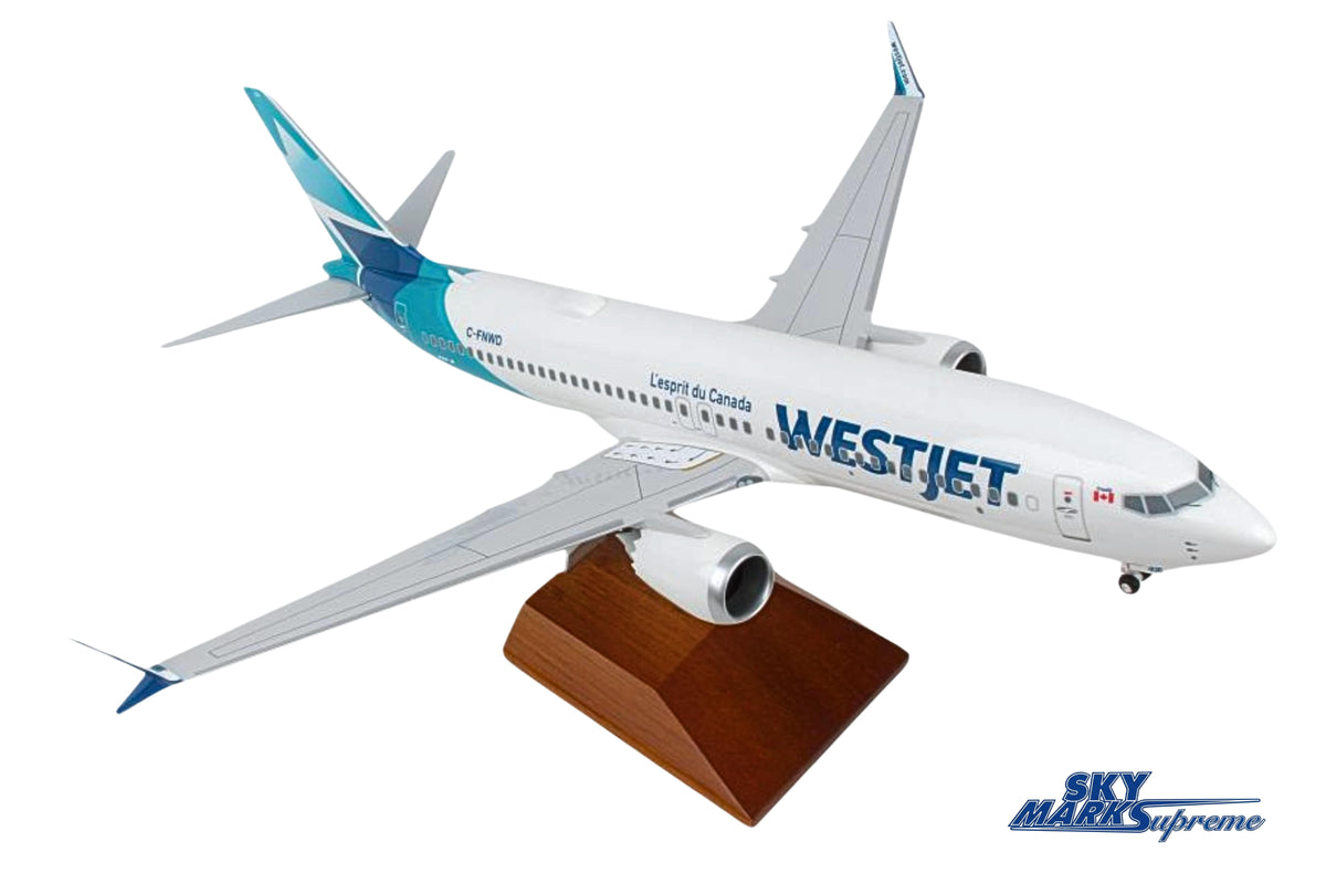 SKYMARKS WESTJET 737-MAX8 1/100 W/WOOD STAND & GEAR NEW LIVE