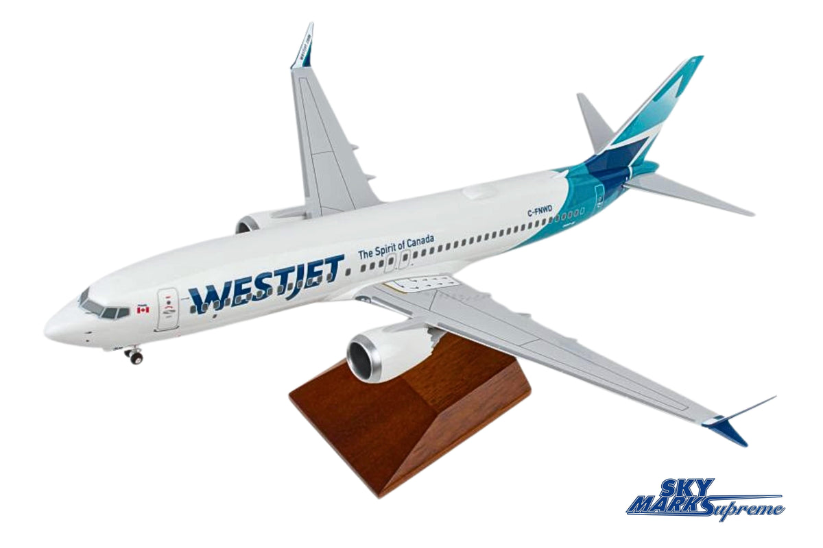 SKYMARKS WESTJET 737-MAX8 1/100 W/WOOD STAND & GEAR NEW LIVE