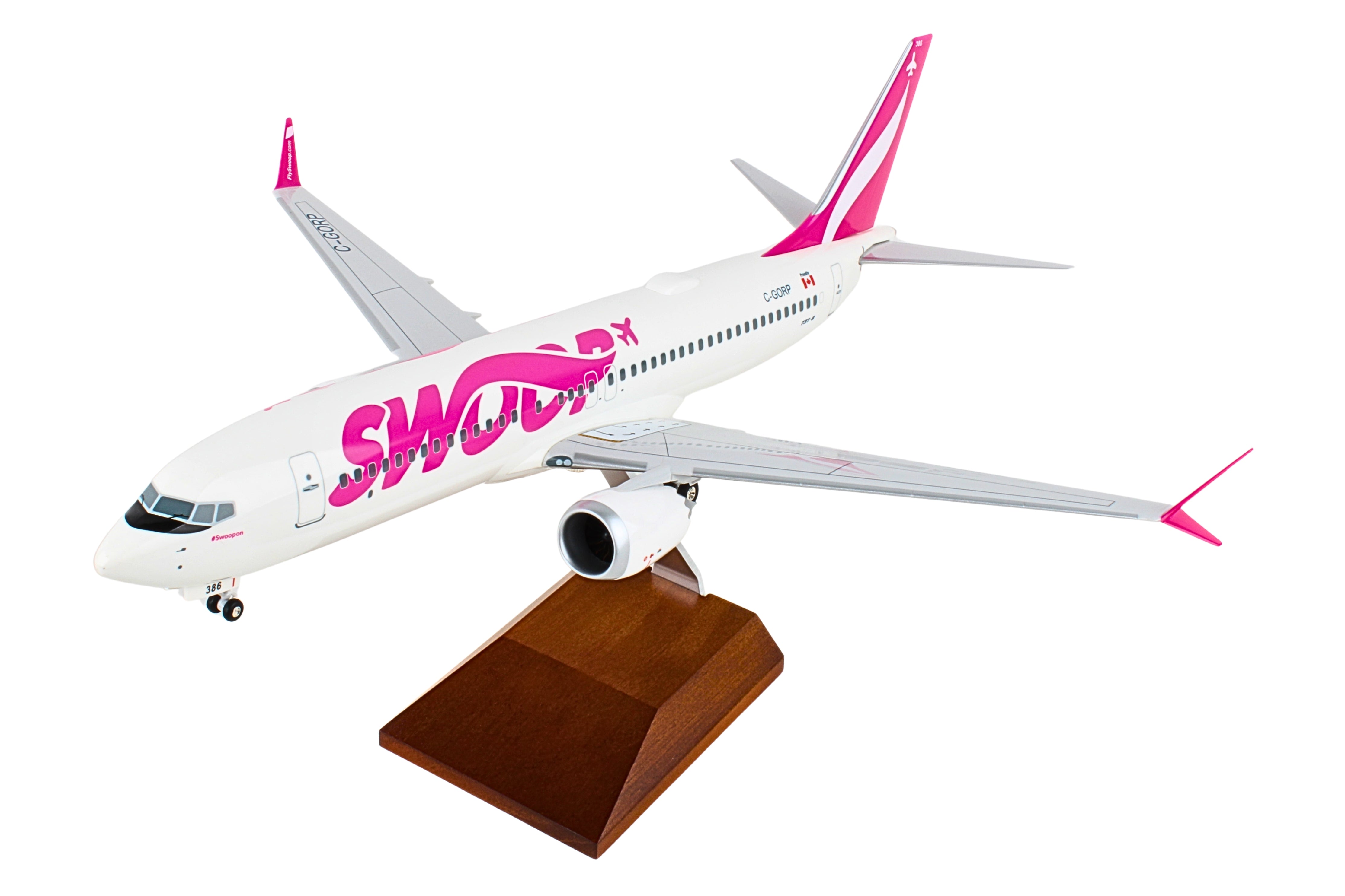 SKYMARKS SWOOP 737MAX8 1/100 W/WOOD STAND & GEAR (**)