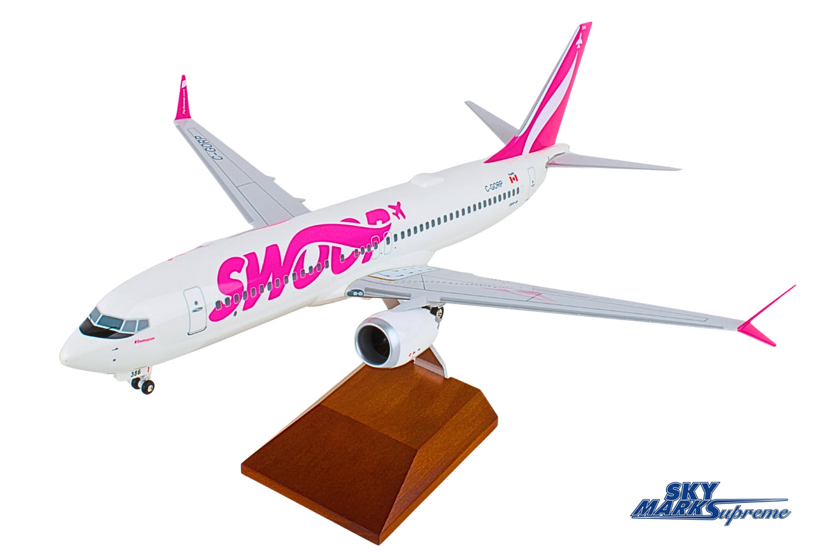 SKYMARKS SWOOP 737MAX8 1/100 W/WOOD STAND & GEAR (**) The Airplane Shop.