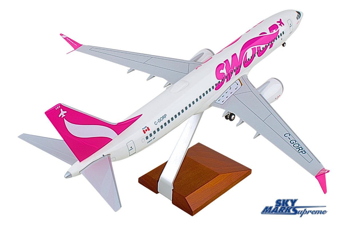 SKYMARKS SWOOP 737MAX8 1/100 W/WOOD STAND & GEAR (**) The Airplane Shop.