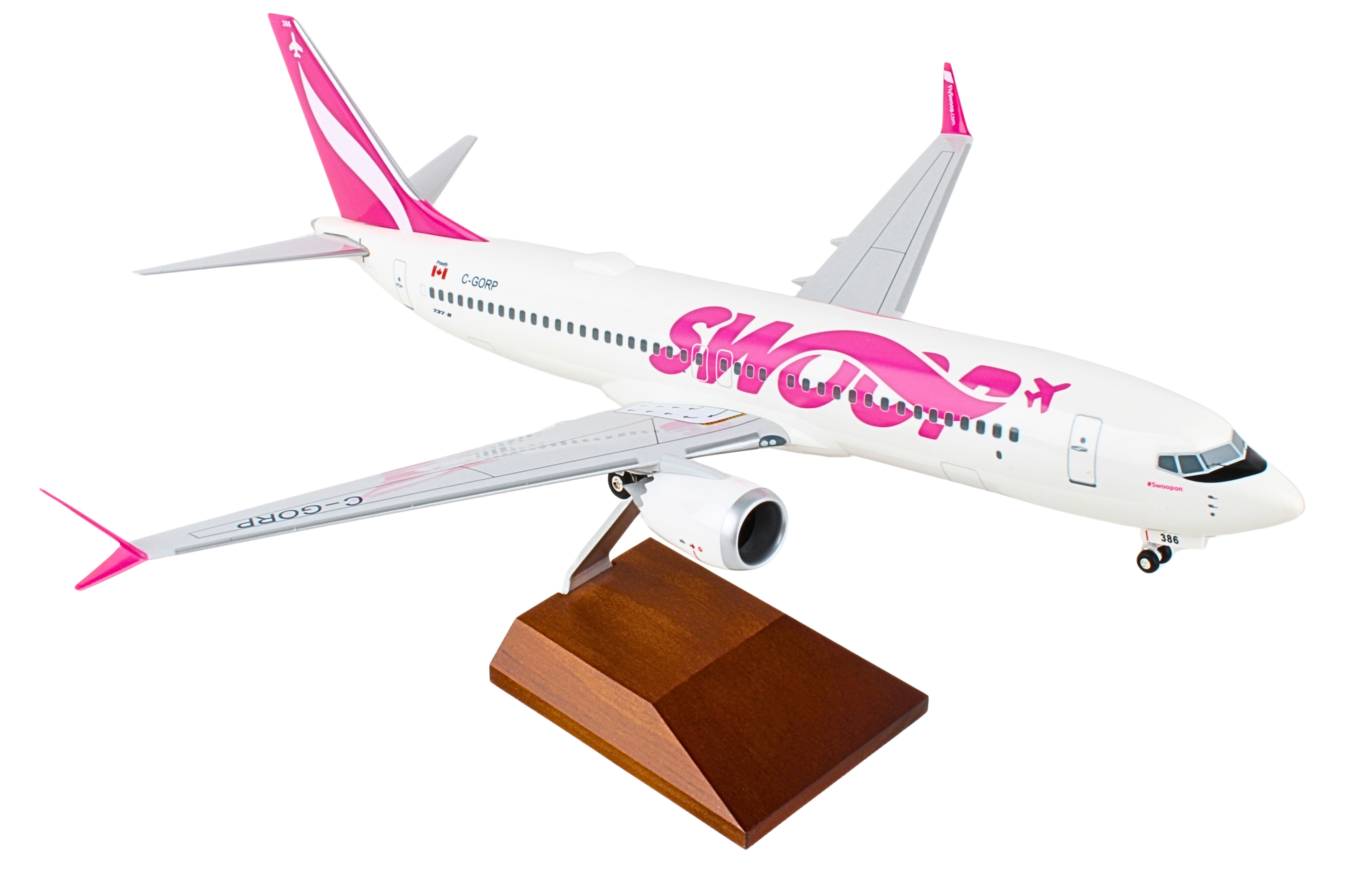 SKYMARKS SWOOP 737MAX8 1/100 W/WOOD STAND & GEAR (**)