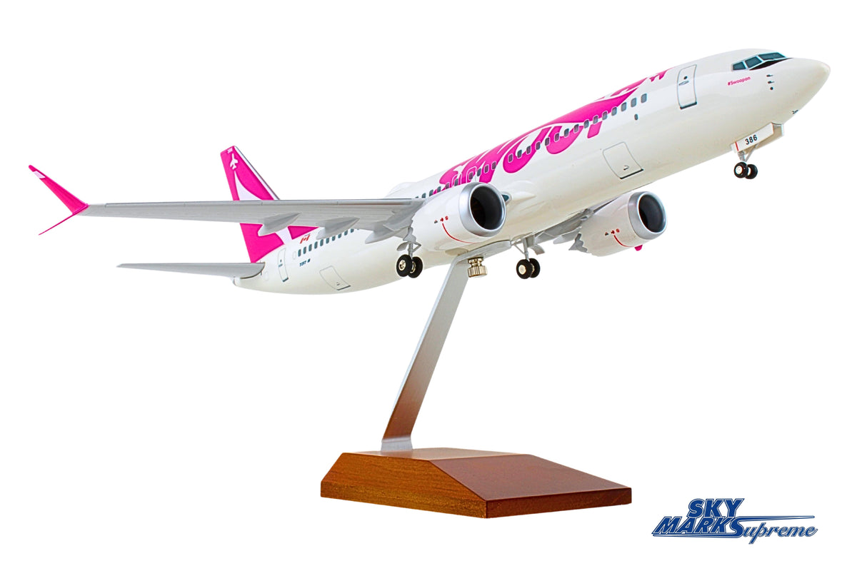 SKYMARKS SWOOP 737MAX8 1/100 W/WOOD STAND & GEAR (**) The Airplane Shop.