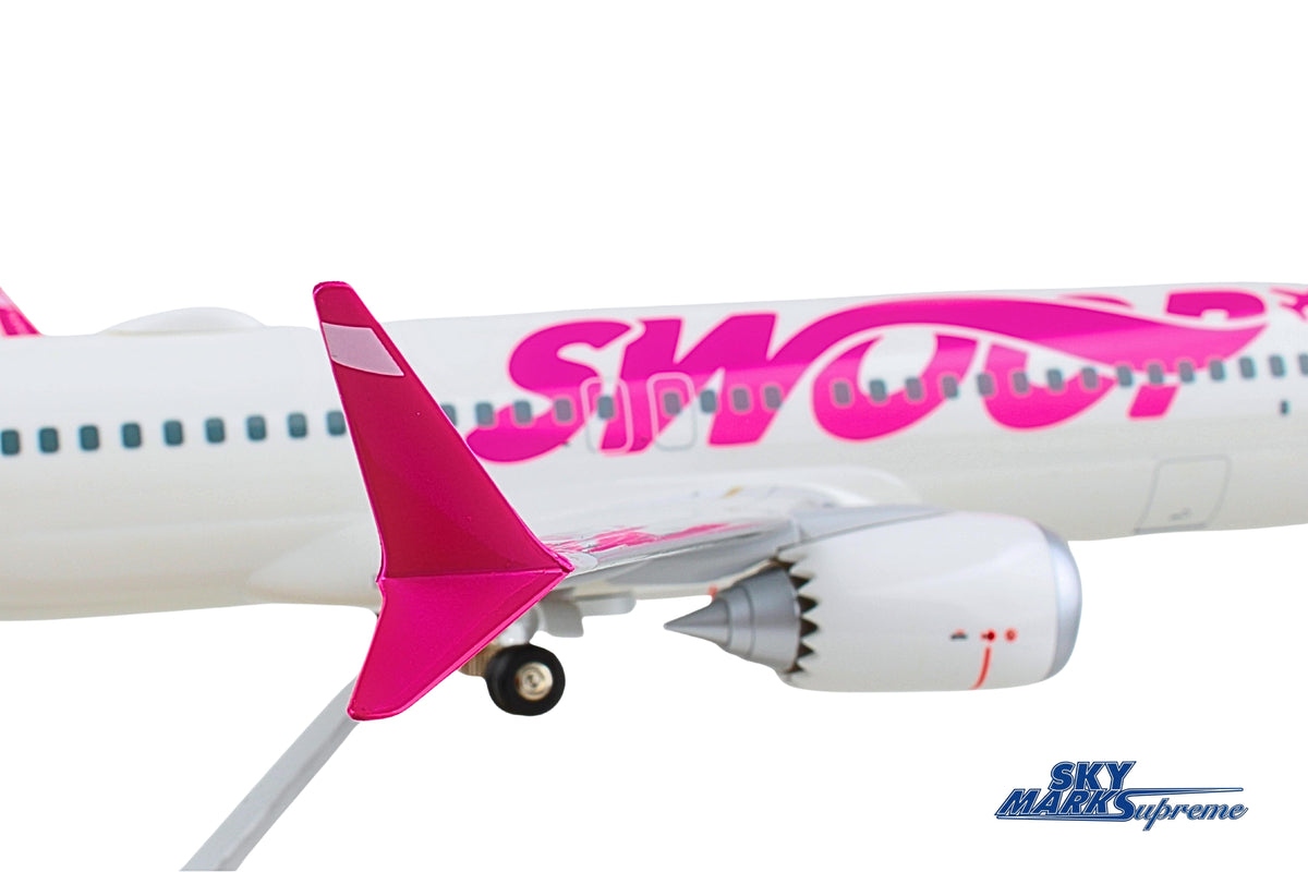 SKYMARKS SWOOP 737MAX8 1/100 W/WOOD STAND & GEAR (**) The Airplane Shop.