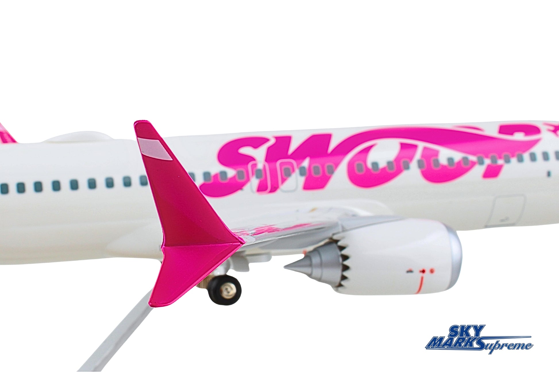 SKYMARKS SWOOP 737MAX8 1/100 W/WOOD STAND & GEAR (**) The Airplane Shop.