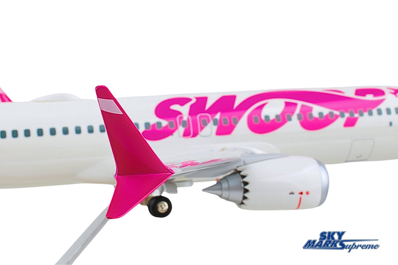SKYMARKS SWOOP 737MAX8 1/100 W/WOOD STAND & GEAR (**) The Airplane Shop.
