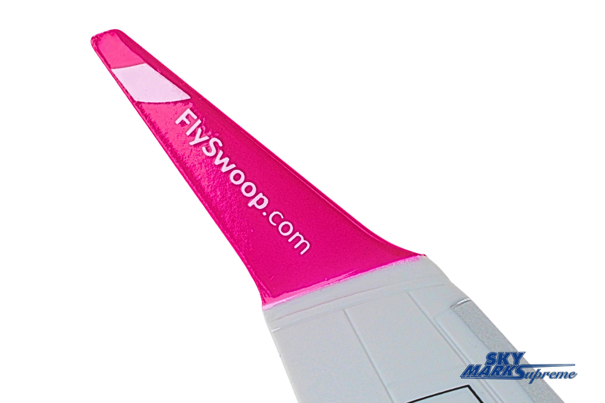 SKYMARKS SWOOP 737MAX8 1/100 W/WOOD STAND & GEAR (**) The Airplane Shop.