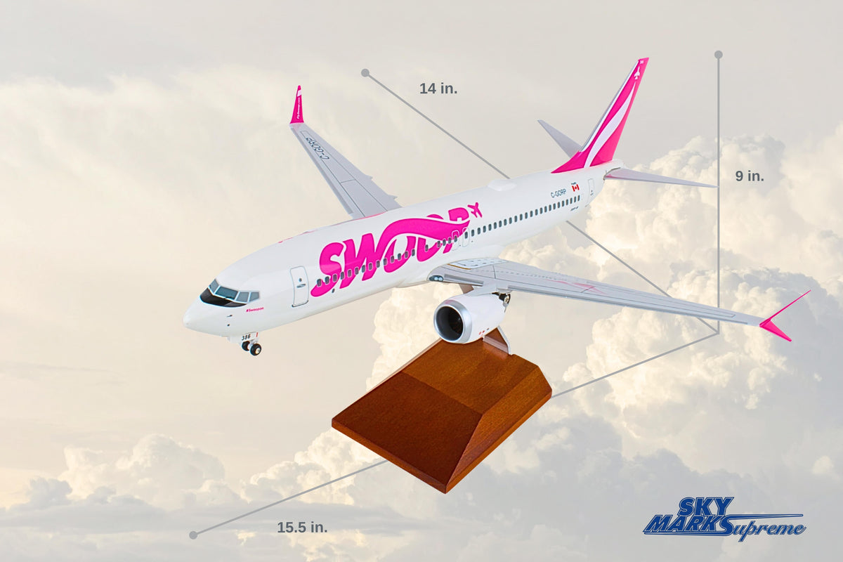 SKYMARKS SWOOP 737MAX8 1/100 W/WOOD STAND & GEAR (**) The Airplane Shop.