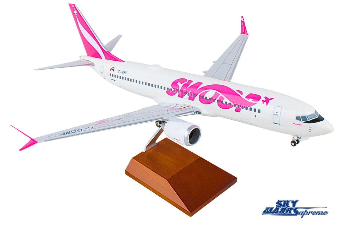 SKYMARKS SWOOP 737MAX8 1/100 W/WOOD STAND & GEAR (**) The Airplane Shop.