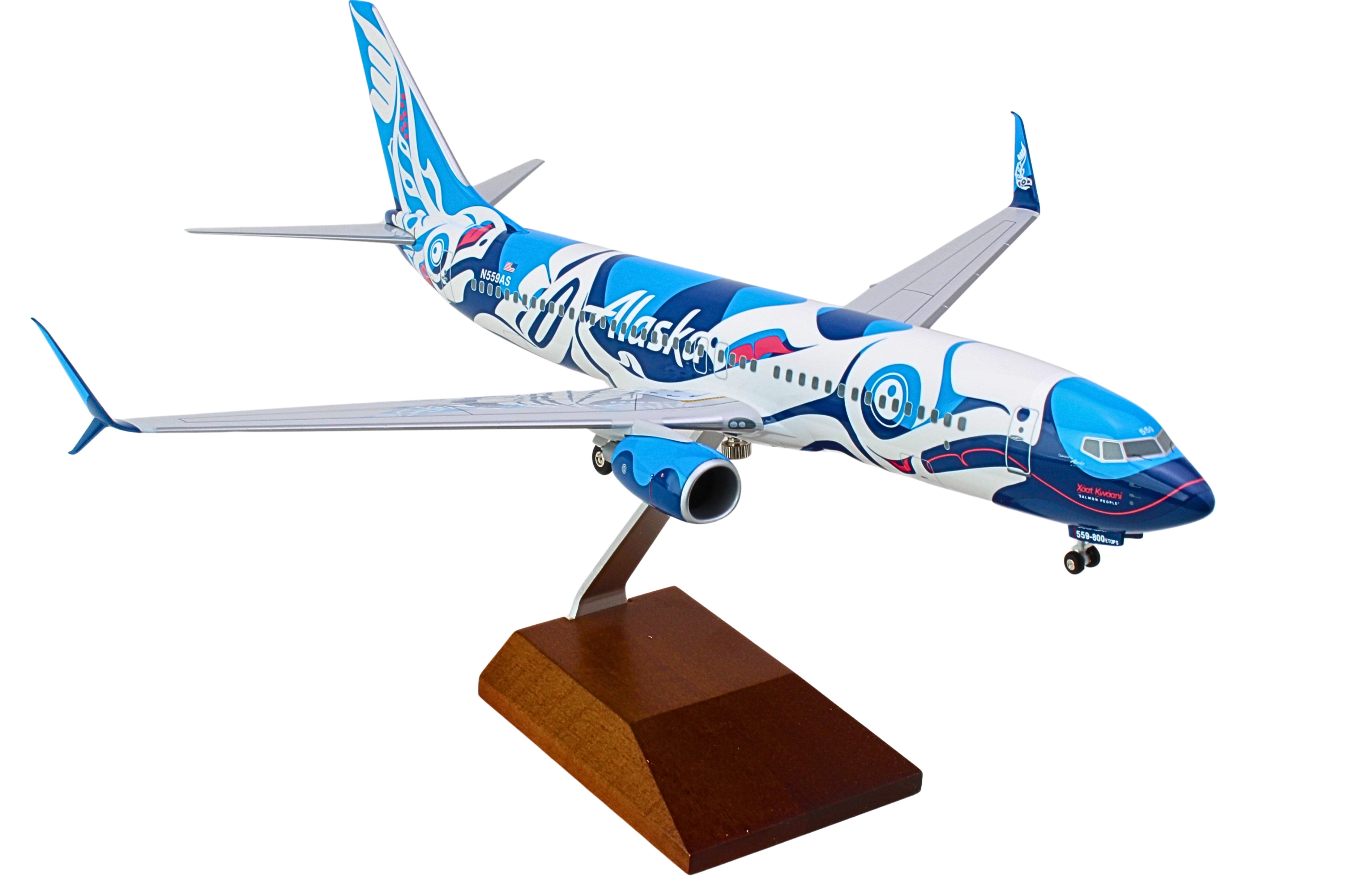 SKYMARKS ALASKA 737-800 1/100 SALMON W/WOOD STAND & GEAR