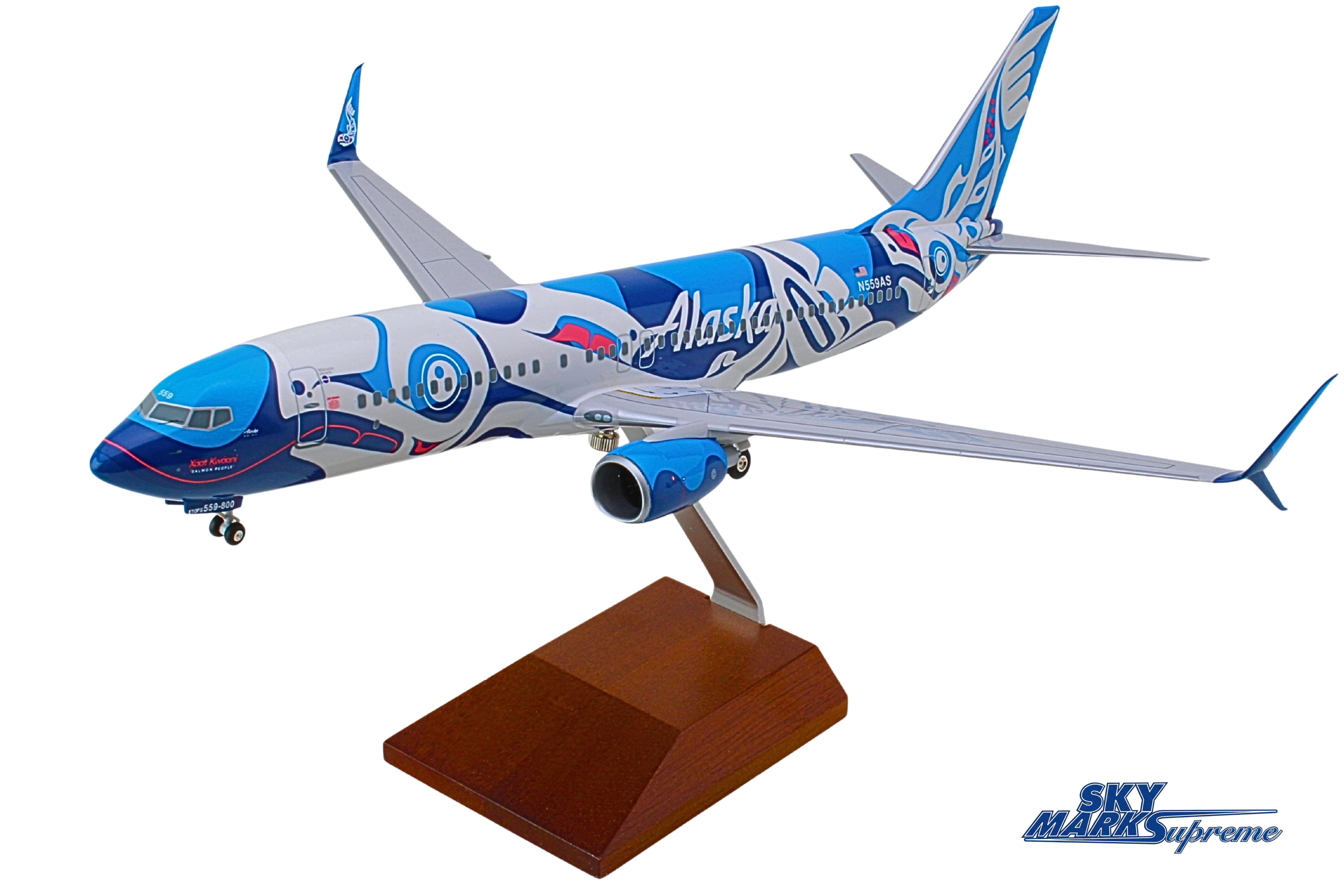 SKYMARKS ALASKA 737-800 1/100 SALMON W/WOOD STAND & GEAR The Airplane Shop.