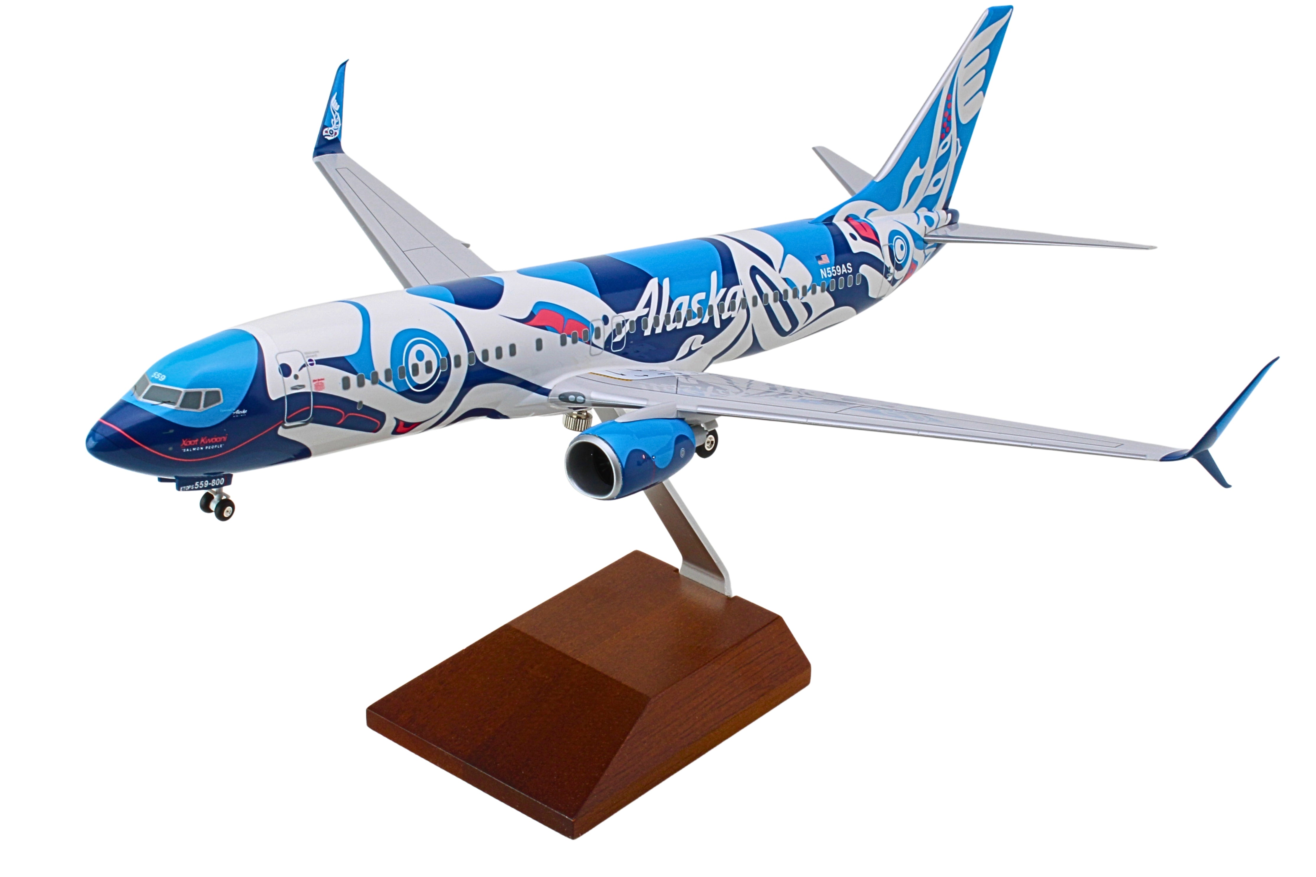 SKYMARKS ALASKA 737-800 1/100 SALMON W/WOOD STAND & GEAR