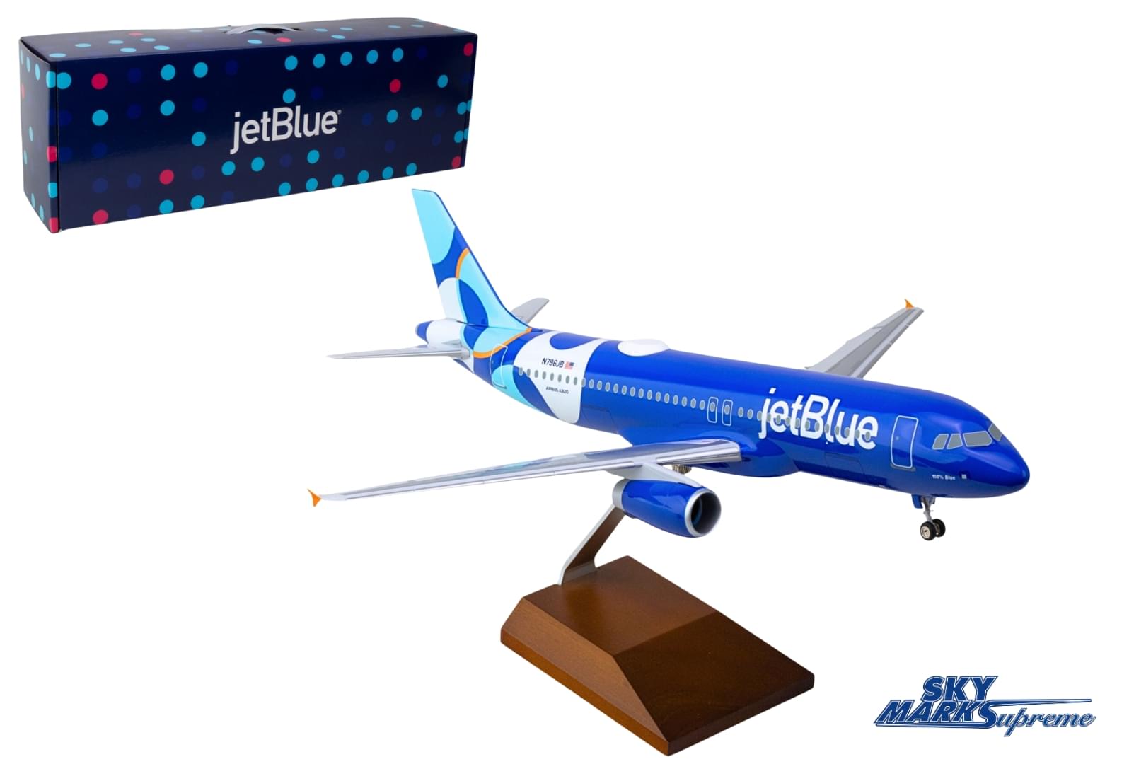 SKYMARKS JETBLUE A320 1/100 SPOTLIGHT W/WOOD STAND & GEAR The Airplane Shop.