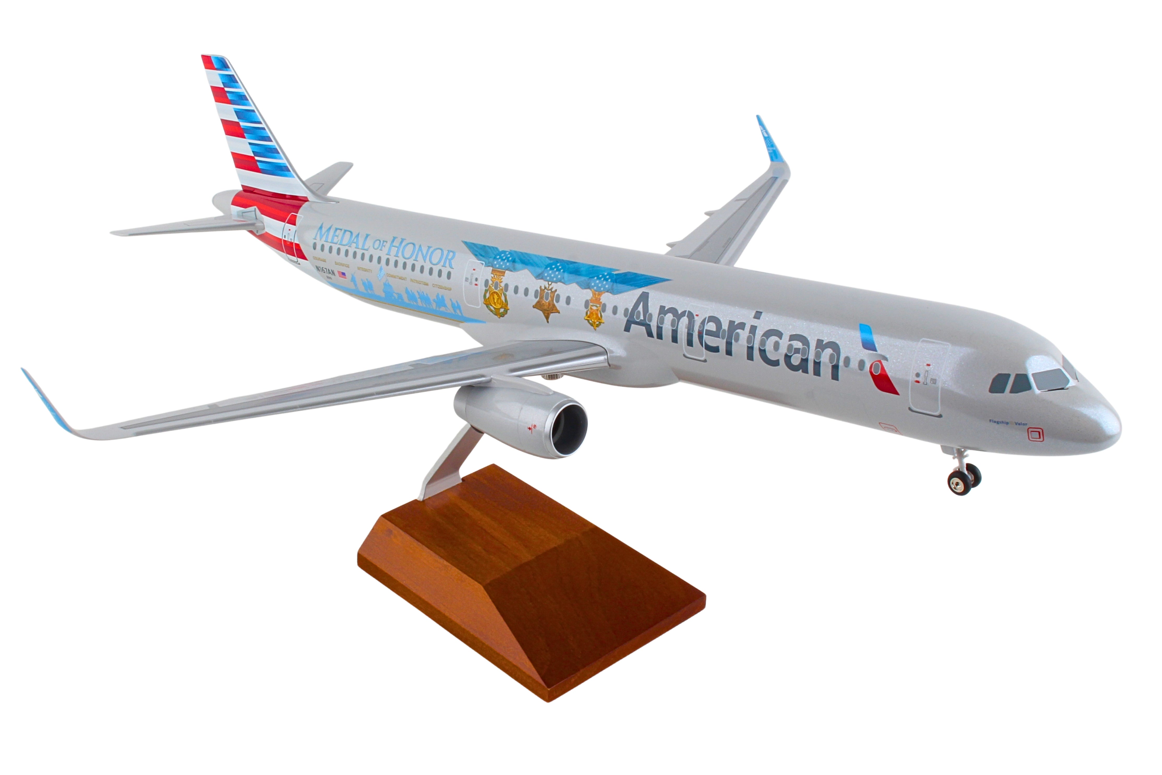 SKYMARKS AMERICAN A321 1/100 MEDAL OF HONOR W/WOOD STAND&GEA