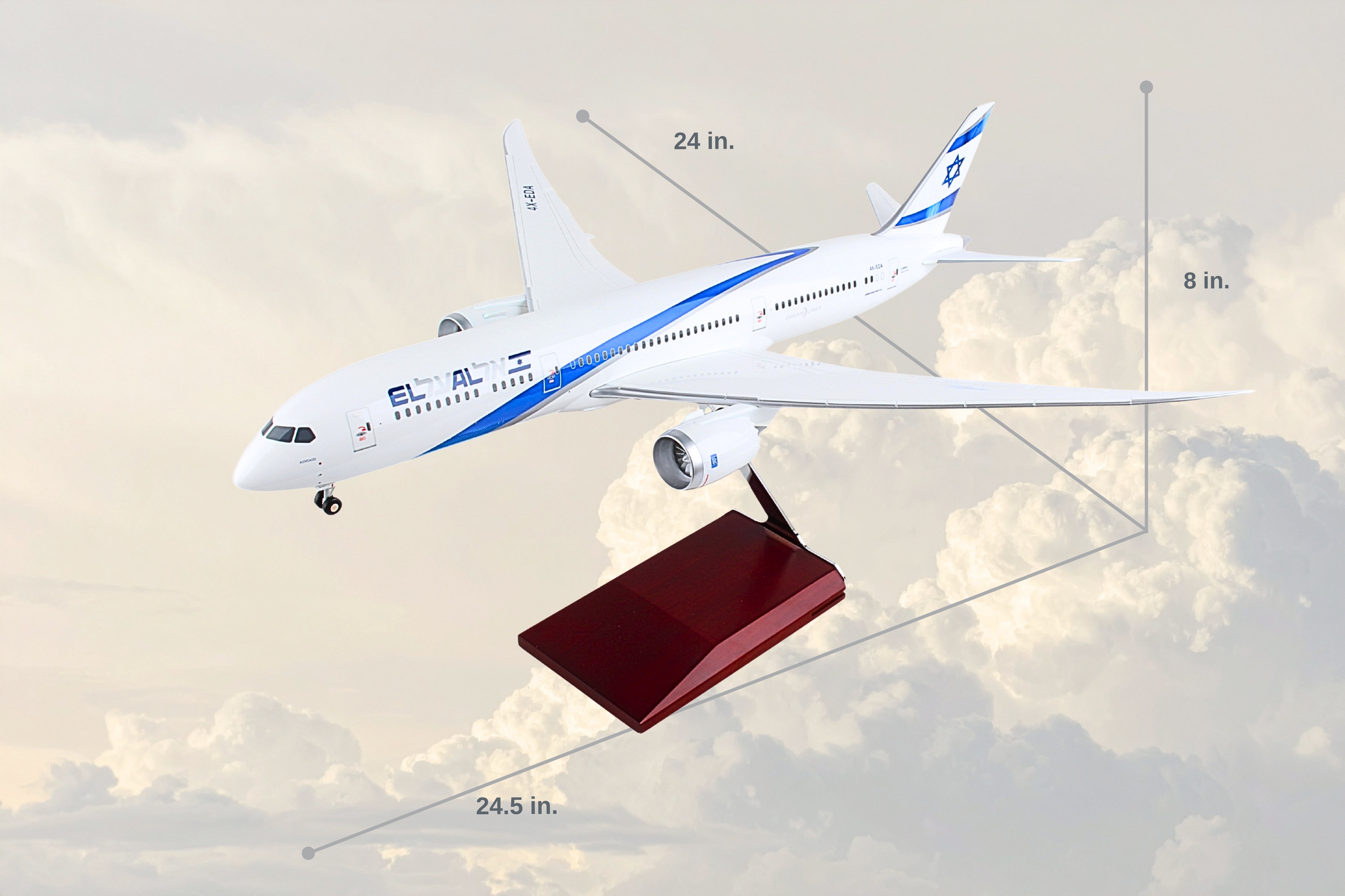 SKYMARKS EL AL 787-9 1/100 W/WOOD STAND & GEAR