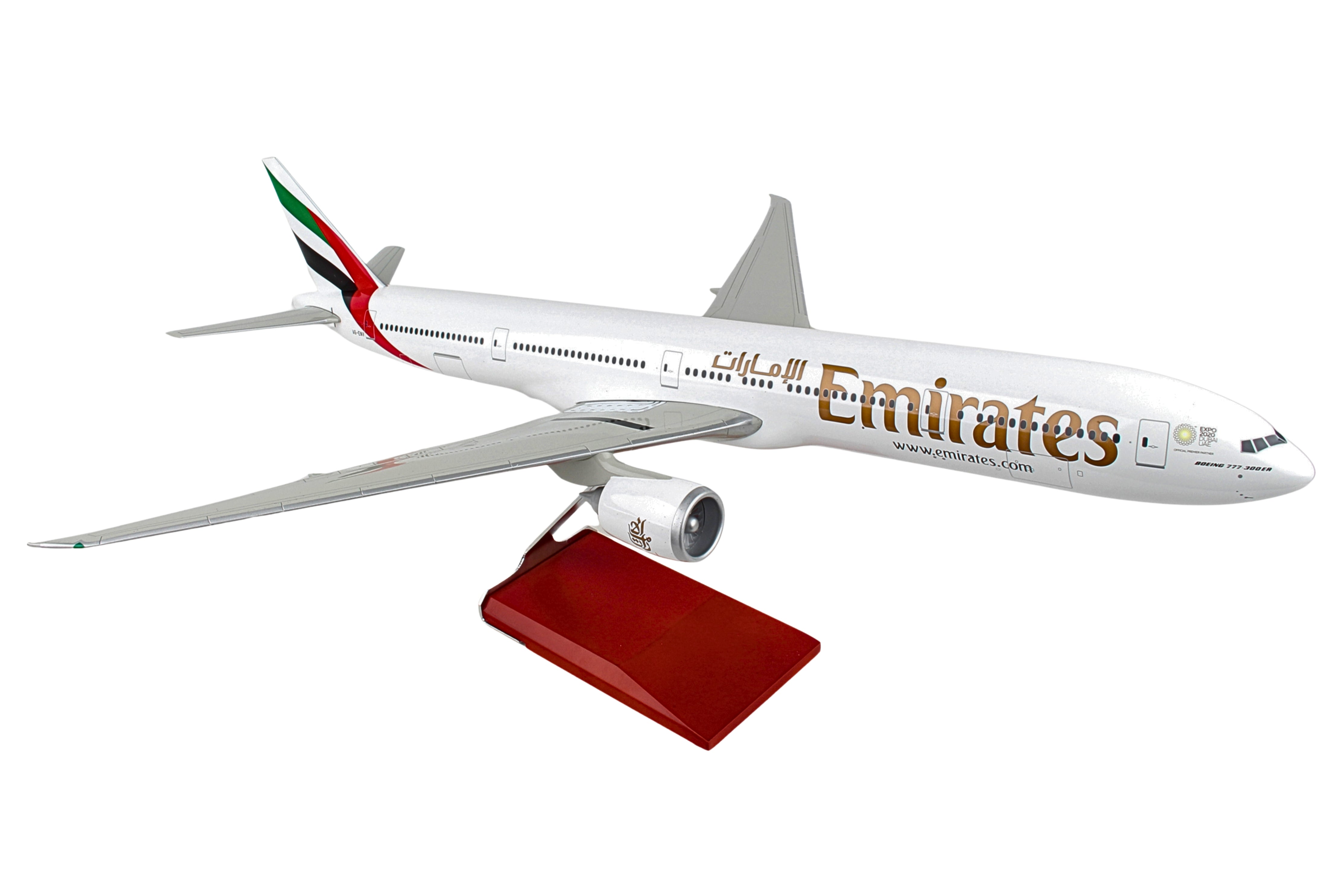 SKYMARKS EMIRATES 777-300ER EXPO 1/100 W/WOOD STAND & GEAR