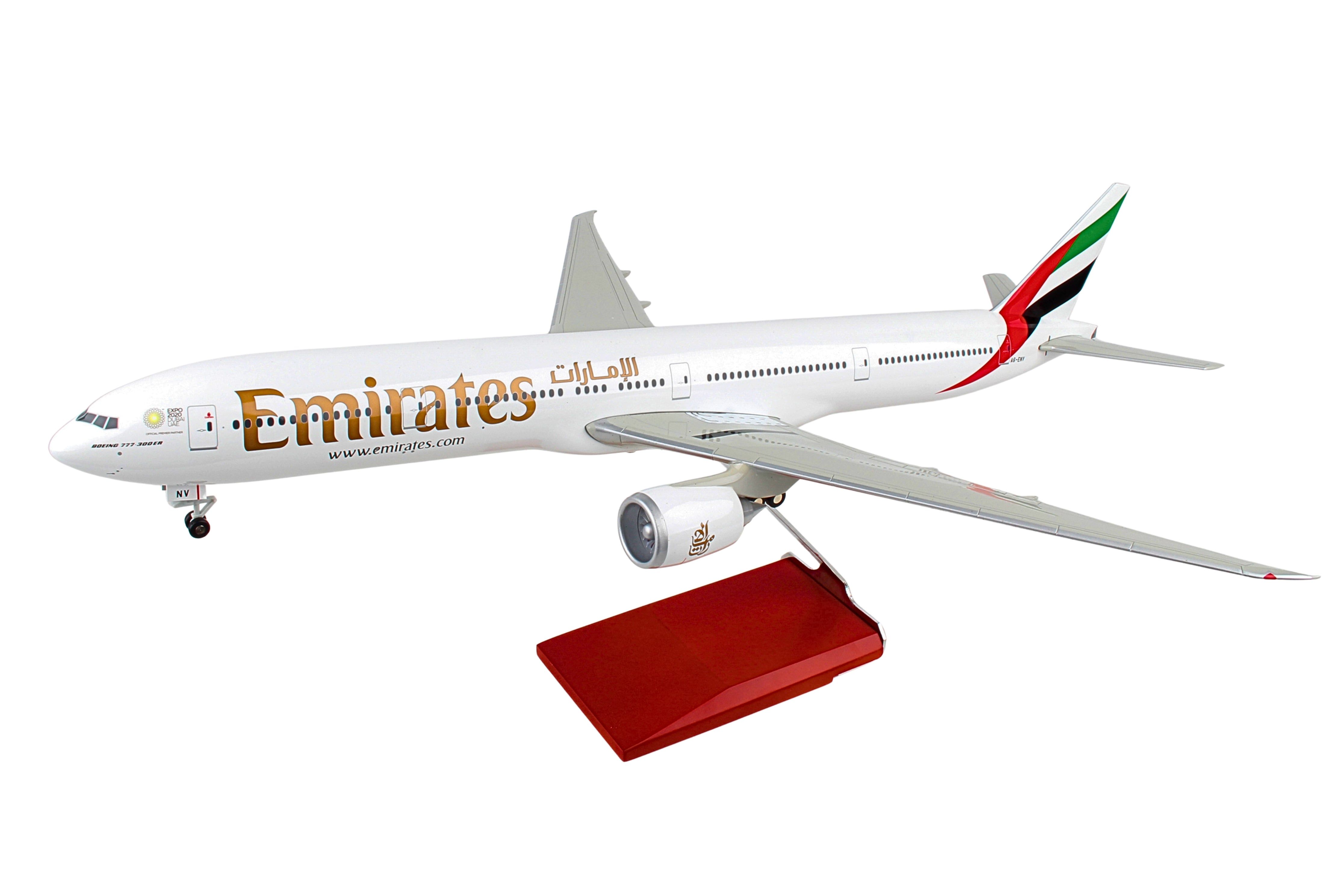 SKYMARKS EMIRATES 777-300ER EXPO 1/100 W/WOOD STAND & GEAR