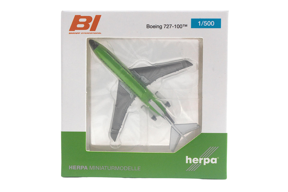 HERPA BRANIFF 727-100 1/500 SOLID LIME GREEN (**) The Airplane Shop.