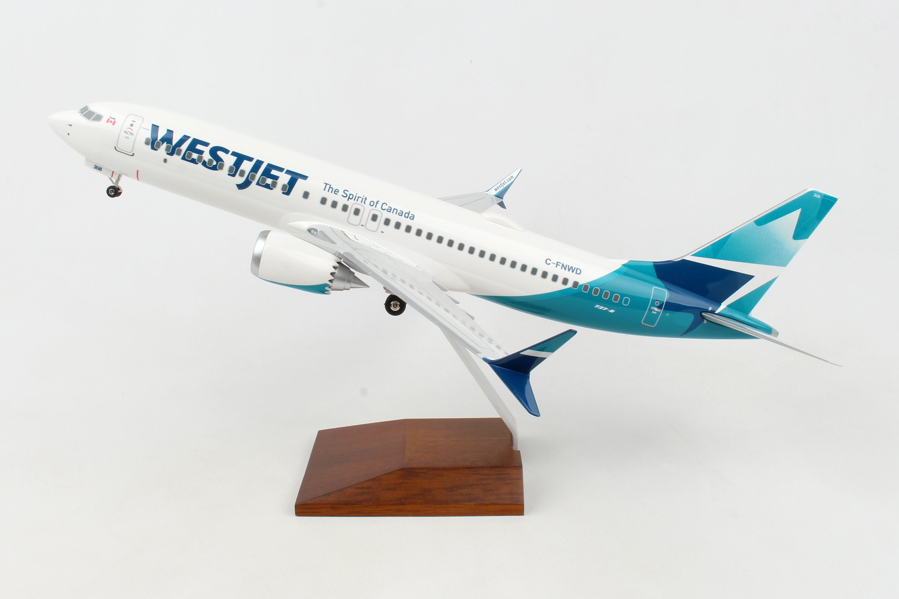 SKYMARKS WESTJET 737-MAX8 1/100 W/WOOD STAND & GEAR NEW LIVE