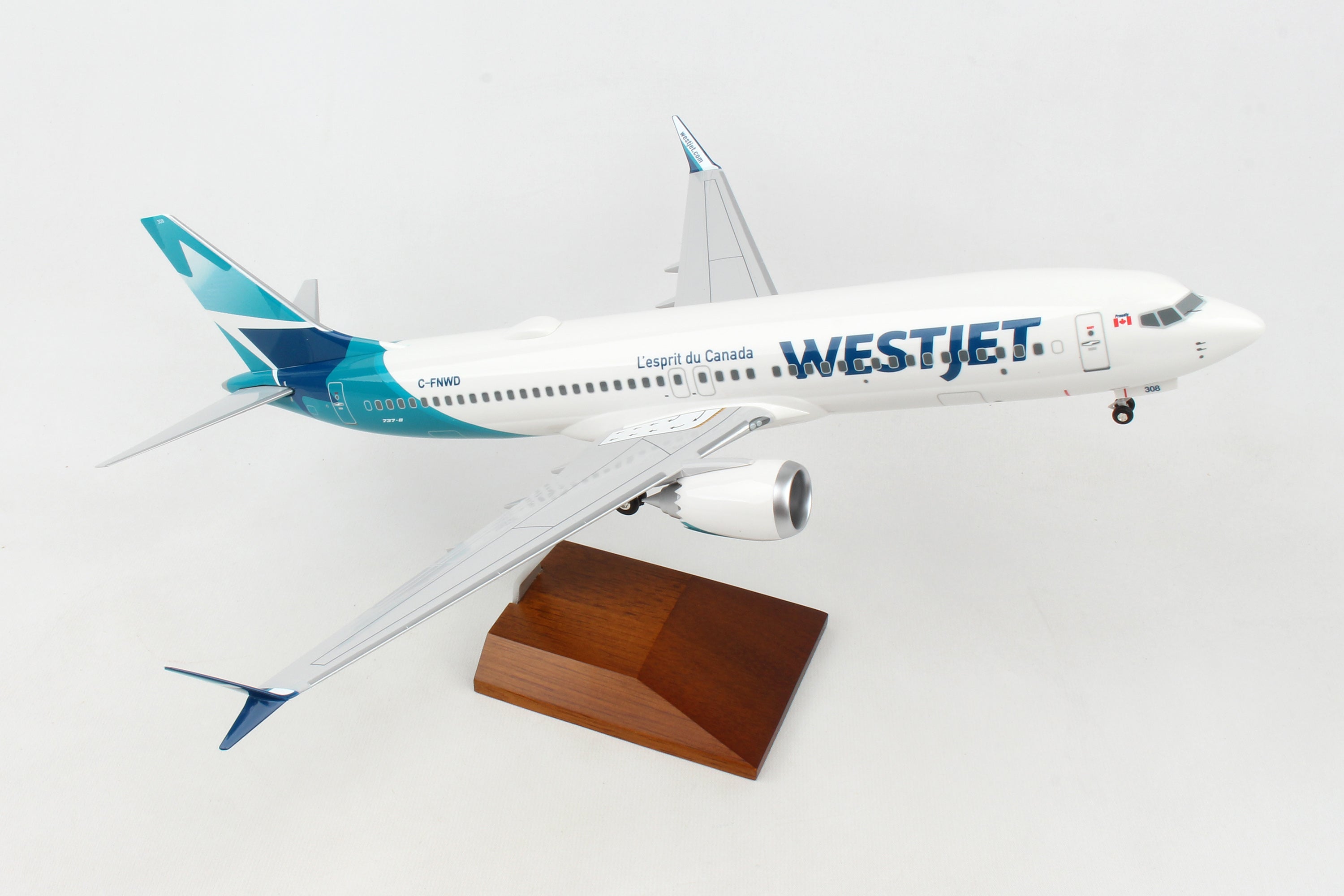 SKYMARKS WESTJET 737-MAX8 1/100 W/WOOD STAND & GEAR NEW LIVE